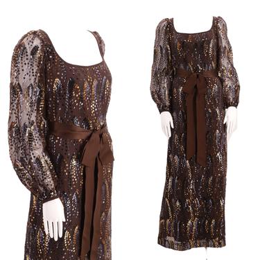 70s ADELE SIMPSON brown sequined evening gown / 1980s chiffon peasant sleeve maxi hostess dress L 10 12 