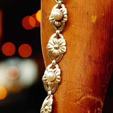 Vintage Symmetalic Sterling &amp; 14K Pearl Floral Link Bracelet, Gold Plated Silver Bracelet, Flower Design, Cultured Pearls, 7 1/2” L 