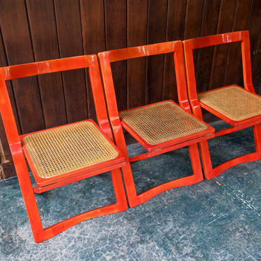 3 Italian Red Bentwood Cane Folding Chairs Vintage Mid-Century Modern Glam Hollywood Regency Stendig Italy Gio Ponti Sottsass 