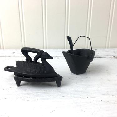 Miniature cast iron coal scuttle and flat iron - 1960s collectibles 