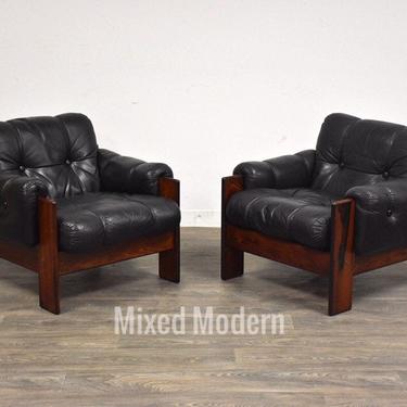 Rosewood &amp; Leather Finish Lounge Chairs- a Pair 