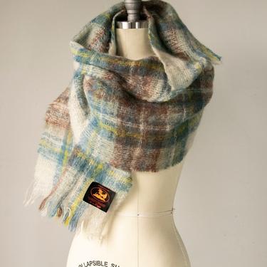 1970s Mohair Knit Wool Shawl Plaid  Oversized Wrap 
