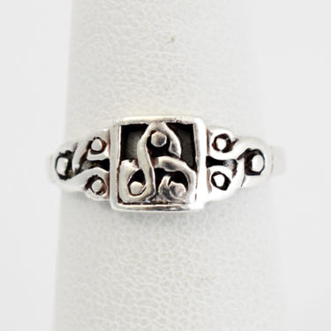 Vintage 925 silver eastern serpentine design size 5.75 midi ring, unusual sterling abstract looped symbols tribal hippie pinkie ring 