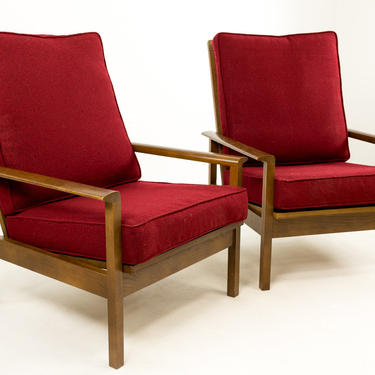 Danigh Style Mid Century Modern High Back Lounge Chairs - New Cushions with Vintage Knoll Cranberry Wool - mcm 