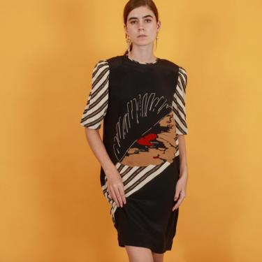 70s Black Abstract Silk Dress Vintage Mid Sleeve Paint Print Shift Dress 