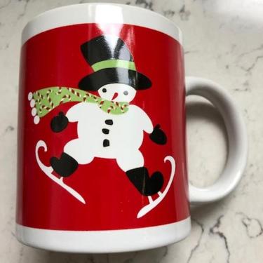 Vintage Snowman on Skates Christmas Red Mug by LeChalet