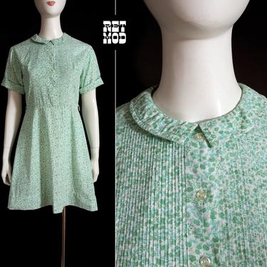 Sweet Vintage 60s Green White Tiny Floral Cotton Day Dress with Pointed Flat Collar 