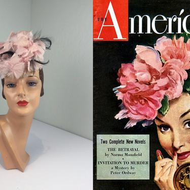 Invitation to Beauty - Vintage 1940s Shell Pink & Black Hibiscus Feather Pompom O Ring Hat 