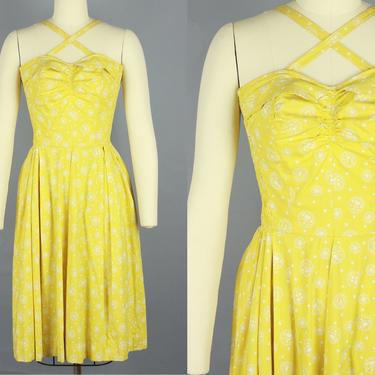 1950s CRISS-CROSS SUNDRESS | Vintage 50s Yellow Printed Cotton Summer Dress with Convertible Straps | xs/s 