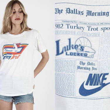 80s Nike Orange Tag T Shirt 1980s Nike Turkey Trot YMCA T Shirt Vintage Pinwheel Running Dallas News White Track Runner Tee Large L 