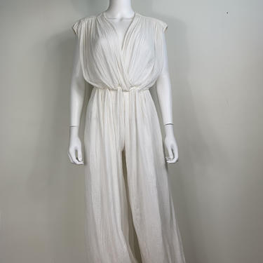 Vtg 70s 80S cotton gauze harem elastic waist jumpsuit med 