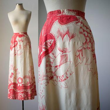 Vintage 1970s Maxi Skirt / Linen Maxi Skirt / Psychedelic Print Skirt / Red and White Linen Maxi Skirt / Small Maxi Skirt 