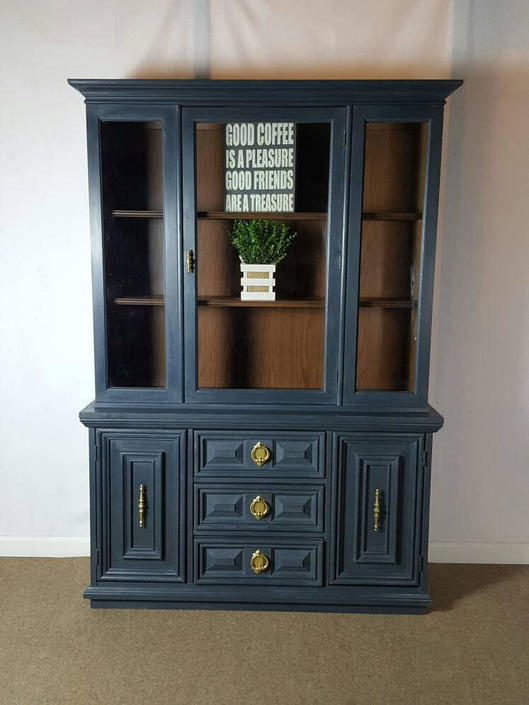 Blue China Cabinet Hand Painted With, Pictures Of Chalk Painted China Cabinets