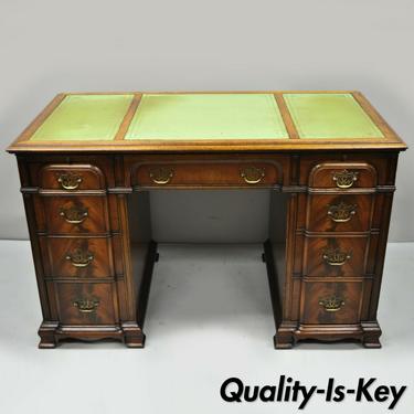 Crotch Mahogany Chippendale Block Front Green Leather Top Knee Hole Writing Desk