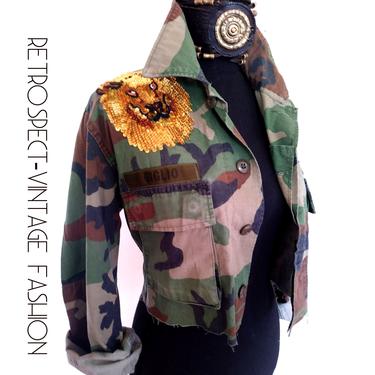 SEQUIN Lion of judah military jacket VINTAGE green camo jacket, custom camouflage cropped women's trophy jacket small 