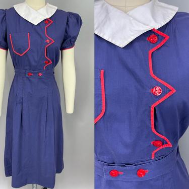 1930s Day Dress | Vintage 30s Blue Cotton Puff Sleeve Dress with White Collar & Red Accents | small 