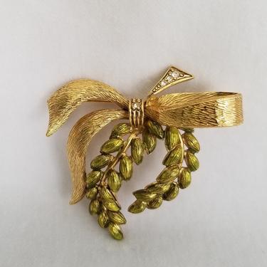 Vintage Bow &amp; Green Wheat Brooch Pin ~ Gold-toned ~ Rhinestones ~ Men's Lapel Brooch ~ Mid-century Style Fashion Jewelry ~ Costume Jewelry 