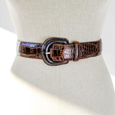 Vintage Ralph Lauren Brown Leather Embossed Crocodile Belt | Made in USA | Designer Leather Belt, Western Belt, Brown Leather 