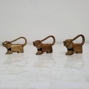 Miniature Antique Chinese Brass Dog Figure Locks, Set of 3 