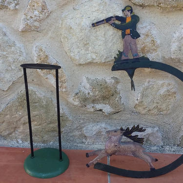 French Folk Art Toy Deer Hunter Artistic Hand Painted Handmade Iron Pendulum Hunting Stalking 