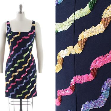 Vintage 1980s Party Dress | 80s Sequin Beaded Striped Snakes Navy Blue Rainbow Wiggle Sheath Dress (small) 