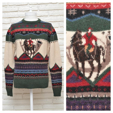 Vintage Woolrich Woman Wool Crew Neck Sweater Equestrian Style Winter Pullover  with Horse 100% Wool Small 