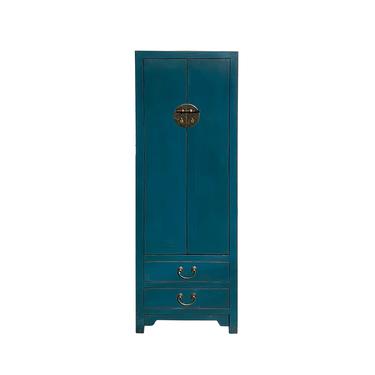Chinese Vintage Hardware Teal Blue Tall Slim Narrow Storage Cabinet cs7141E 
