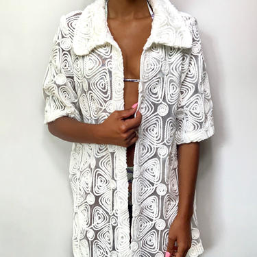 VINTAGE 90s White Sheer Blouse Beach Cover Up Sz XS-L 