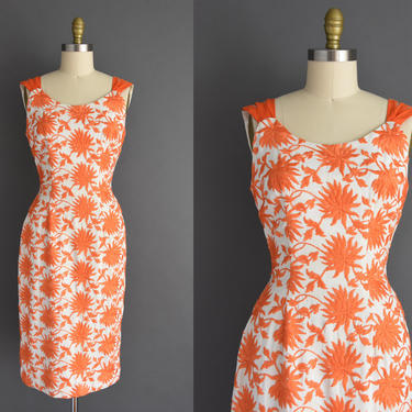 vintage 1950s dress - Size Small - Orange bold floral embroidered white linen sleeveless cocktail wiggle dress - 50s dress 