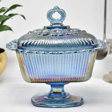 70's Indiana Carnival Glass Lidded Compote Dessert Candy Dish Silvery Light Ice blue Shiny Serving Open Lace Pedestal Ribbed Mints Change 