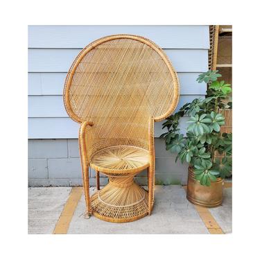 Vintage Wicker Peacock Chair | Boho Rattan Wingback Throne | Bohemian MCM Hourglass Base 