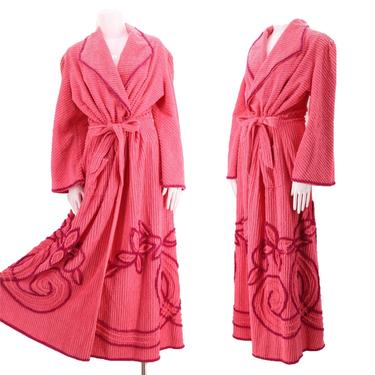 vintage 1940s chenille print robe / 40s pink chenille dressing gown breakfast robe wrap dress S-M 