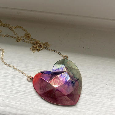 Colorful Brass 3d Heart Pendant Necklace Pink Purple Green Inked Faux Watercolor 