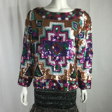 Vtg 70s 80s sequin southwestern india silk gauze loose fit disco dress top navajo ethnic amercican indian 