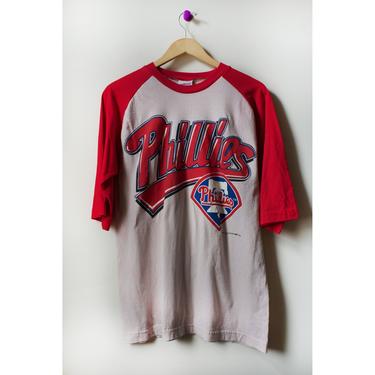 Vintage 90s Philadelphia Phillies Cream and Red Graffiti Baseball Tee Small/Medium 