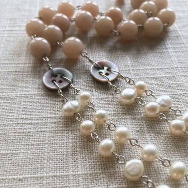 As a Button Assemblage Necklace [vintage buttons, freshwater pearl, pink jade] 