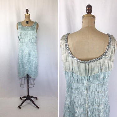 Vintage 60s dress | Vintage flapper girl cocktail dress | 1960s light blue fringed 20s style party dress 