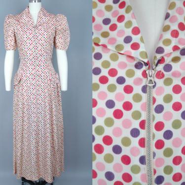 1940s Zip Front Dress | Vintage 40s Polka Dot House Dress | small 