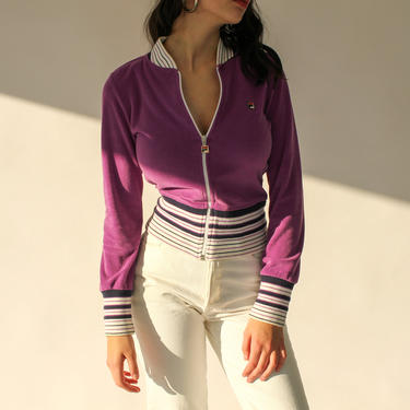 Vintage 80s Fila Violet Tennis Jacket | Striped Terry Cloth Velour Windbreaker | 1980s Zip Athletic Jacket 