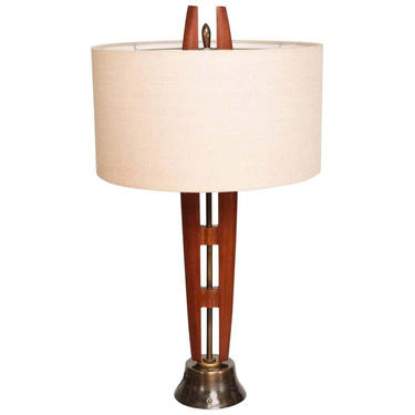 Midcentury Mexico Sculptural Airy Table Lamp Mahogany Wood Patinated Brass 1950s 