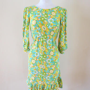 Vintage 1960's dress | floral dress | mod dress | green dress | long sleeve dress | green floral dress | green wiggle dress 