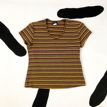 90s Multicolor Knit Pattern Stripe V Neck T Shirt / Cropped / Baby Tee / Juncture / Crop Top / Grunge / Skater / Delias / Surfer / y2k / 