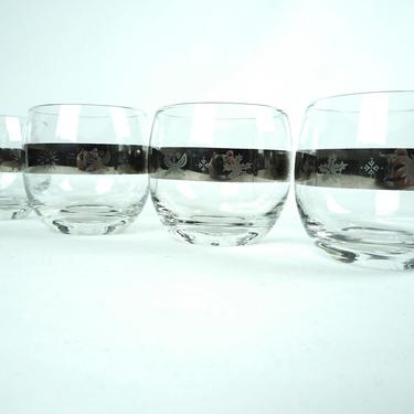 4 ROLY POLY GLASSES - Dorothy Thorpe Era Silver Band Mid-Century Modern Vintage - Butterfly Sun Snowflake Leaf 