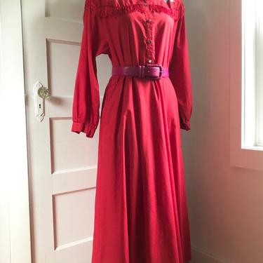 1980s Red Western Wild Rose Embroidered Full Length Fringed Dress (with pockets!)- size L/XL 