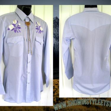 Karman Vintage Western Men's Cowboy Shirt, Pale Lavender with Embroidered White Flowers, Tag Size 15-32, Approx. Small (see meas. photo) 