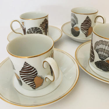 Neiman Marcus by Fitz and Floyd FF Gold Trim Brown Shells Demitasse Espresso Tea Cup &amp; Saucer sets- Set of four 