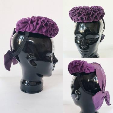 40s Purple Wool &  Silk Cocktail Hat Ruffled Front Back Bow / 40s Draper New York Millinery Victorian Bonnet Style Tilt Hat / Alize 