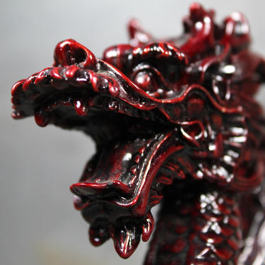 Vintage Ferocious Dragon - Red Resin Dragon Holding Fireball - Deep Red and Black Fire Dragon with Fish Tail| FREE SHIPPING 