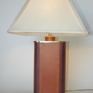 Two-Toned Square Leather Wrapped Table Lamp With Gold Trim 