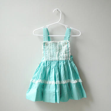 Vintage Turquoise Toddler Dress, Size 2T Toddler Dress, Spring Dress, Cotton and Lace Little Girls Dress 